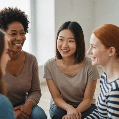 Diverse group of women in a support group, smiling and offering encouragement to each other