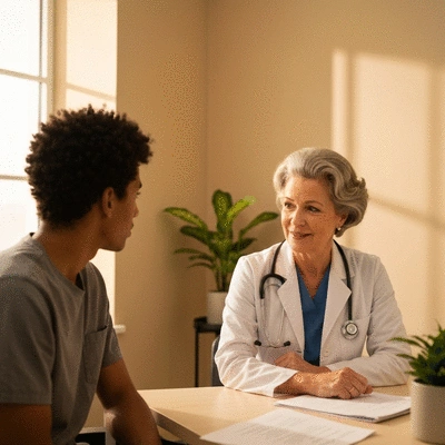 Patient and doctor discussing medical options in a private office, warm lighting, no text, no words, no typography, 8K, clean image