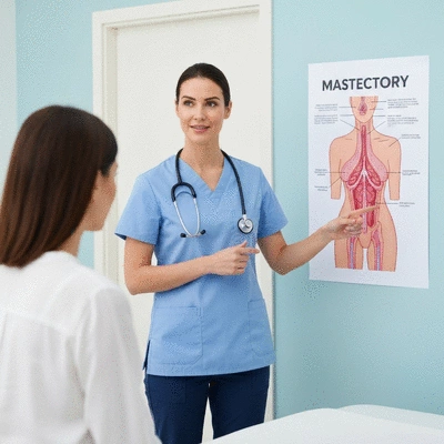 Medical professional explaining mastectomy procedure to a patient using a diagram, in a clinic setting, no text, no words, no typography, 8K