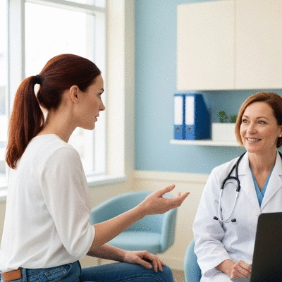 Woman discussing medications with a female doctor in a clinic setting