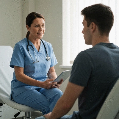 Person talking to a medical professional with a focus on empathy and support