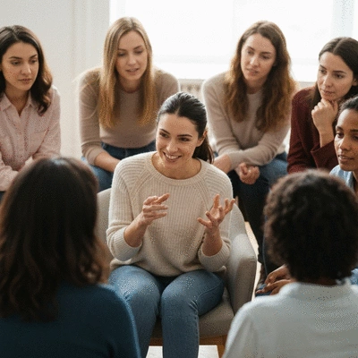 Woman sharing her story in a support group, diverse women listening empathetically, warm and supportive atmosphere, no text, no words, no typography, clean image