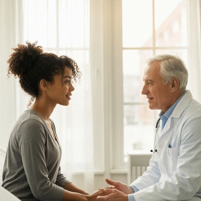 Female patient and doctor having an open conversation in a clinic, warm natural light