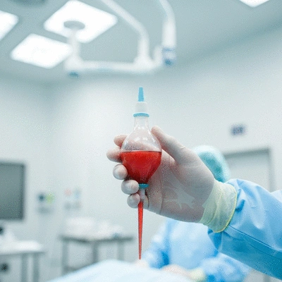 Close-up of a surgical drain bulb with fluid, held by a person in a medical setting