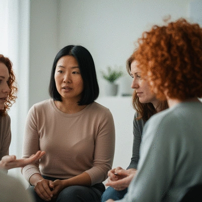 Diverse group of women in a support group discussion, empathetic and supportive atmosphere