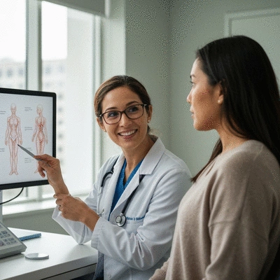 Female surgeon consulting with a patient about mastectomy options