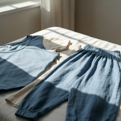 Comfortable, soft, loose-fitting clothing laid out on a bed, representing post-mastectomy recovery, gentle lighting, no text, no words, no typography, clean image, 8K