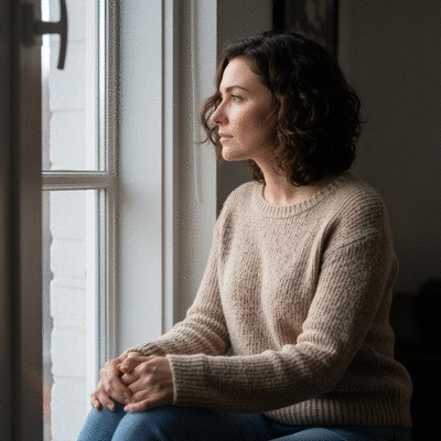 Woman thoughtfully looking out a window, contemplating her emotional journey, soft lighting, serene atmosphere