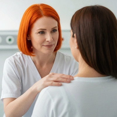 Woman supporting another woman during mastectomy recovery, showing empathy and connection, bright and clean environment, no text, no words, no typography, no labels, clean image