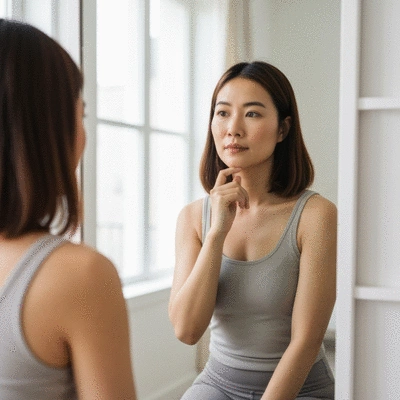 Woman looking thoughtfully at a mirror, representing self-reflection and empowerment after a simple mastectomy, soft lighting, minimalist, clean image, no text, no words, no typography, 8K