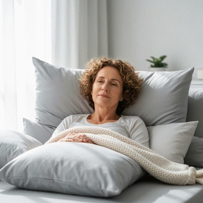 Woman resting comfortably in a prepared recovery space at home after mastectomy