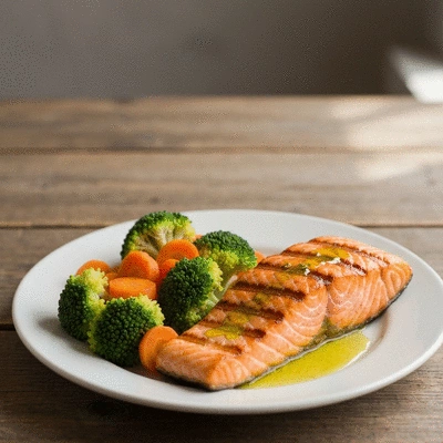 Balanced meal with lean protein, healthy fats, and vegetables on a plate