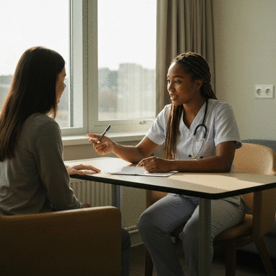 Oncology nurse talking to a patient about medication management
