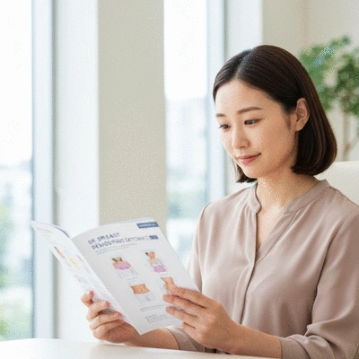 Woman looking thoughtfully at a brochure about breast reconstruction options, clean image, no text