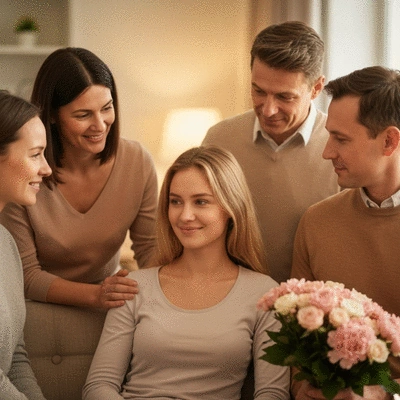 Supportive family and friends comforting a woman recovering from mastectomy