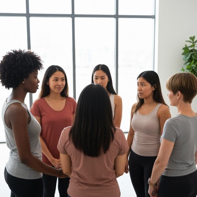 Diverse group of women in a supportive circle, symbolizing community and professional guidance for mastectomy survivors