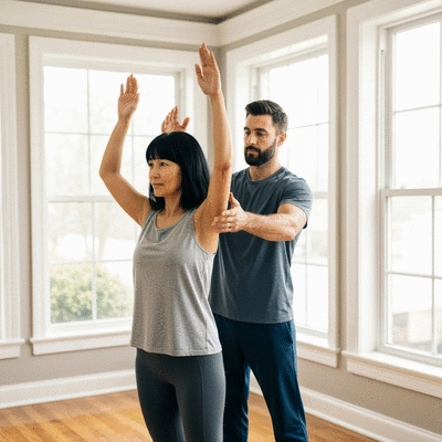 Woman performing gentle arm raises with a physical therapist assisting, no text, no words, no typography, clean image