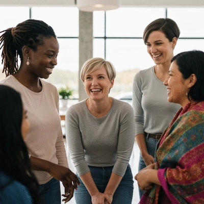 Diverse group of women participating in a mastectomy support group, smiling and talking