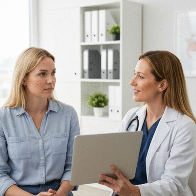 Female patient discussing her mastectomy options with a female doctor, in a bright, modern medical office, no text, no words, no typography, 8K