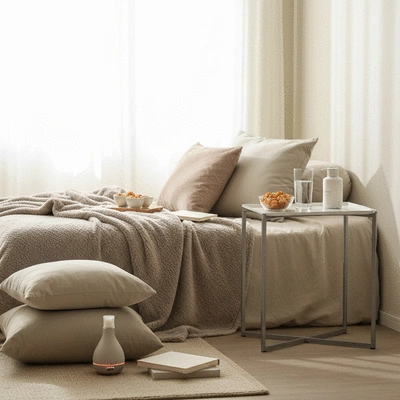 Comfortable recovery space in a home, with soft blankets, pillows, and easy-to-reach essentials