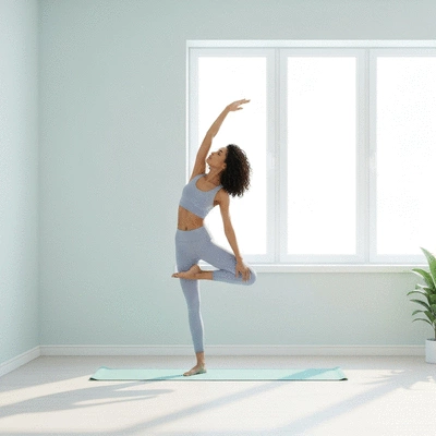 Woman doing gentle yoga or stretching exercise in a bright, calming room, focus on well-being and recovery, no text, no words, no typography, clean image