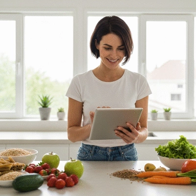 Woman planning healthy meals at a kitchen counter