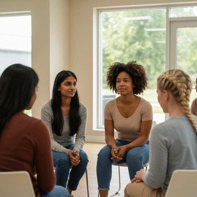 Diverse group of women in a support group session, actively listening and comforting each other