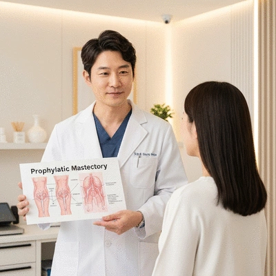 Medical professional explaining prophylactic mastectomy to a patient using a diagram, clean image