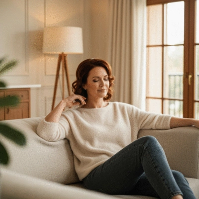 Woman resting comfortably at home with wedge pillows after mastectomy