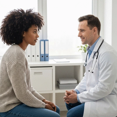 Woman discussing medical history with doctor, calm, professional setting