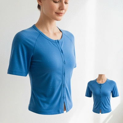 Soft, comfortable recovery shirt with front closure on a mannequin