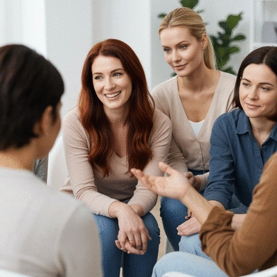 Diverse group of women in a support group, sharing and listening empathetically, warm and supportive atmosphere