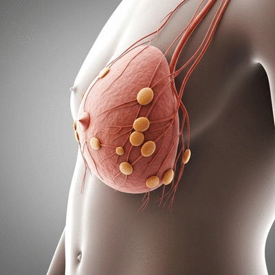 Detailed illustration of lymph nodes in the human body, highlighting their connection to the breast area, clean medical illustration style, no text, no words, no typography, 8K