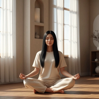 Woman meditating with calm expression, no text, no words, no typography, clean image