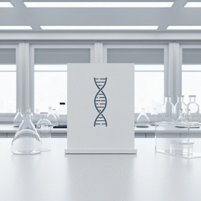 Genetic testing kit with DNA double helix illustration, sterile and scientific environment