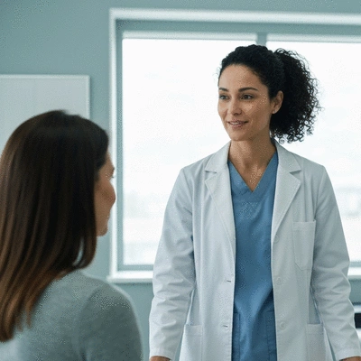 Female surgeon discussing mastectomy options with a patient in a modern clinic